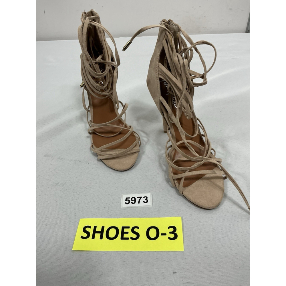 Womans Nasty Gal Strappy Stiletto Sandals 7 M Beige Open Toe Back Zip
